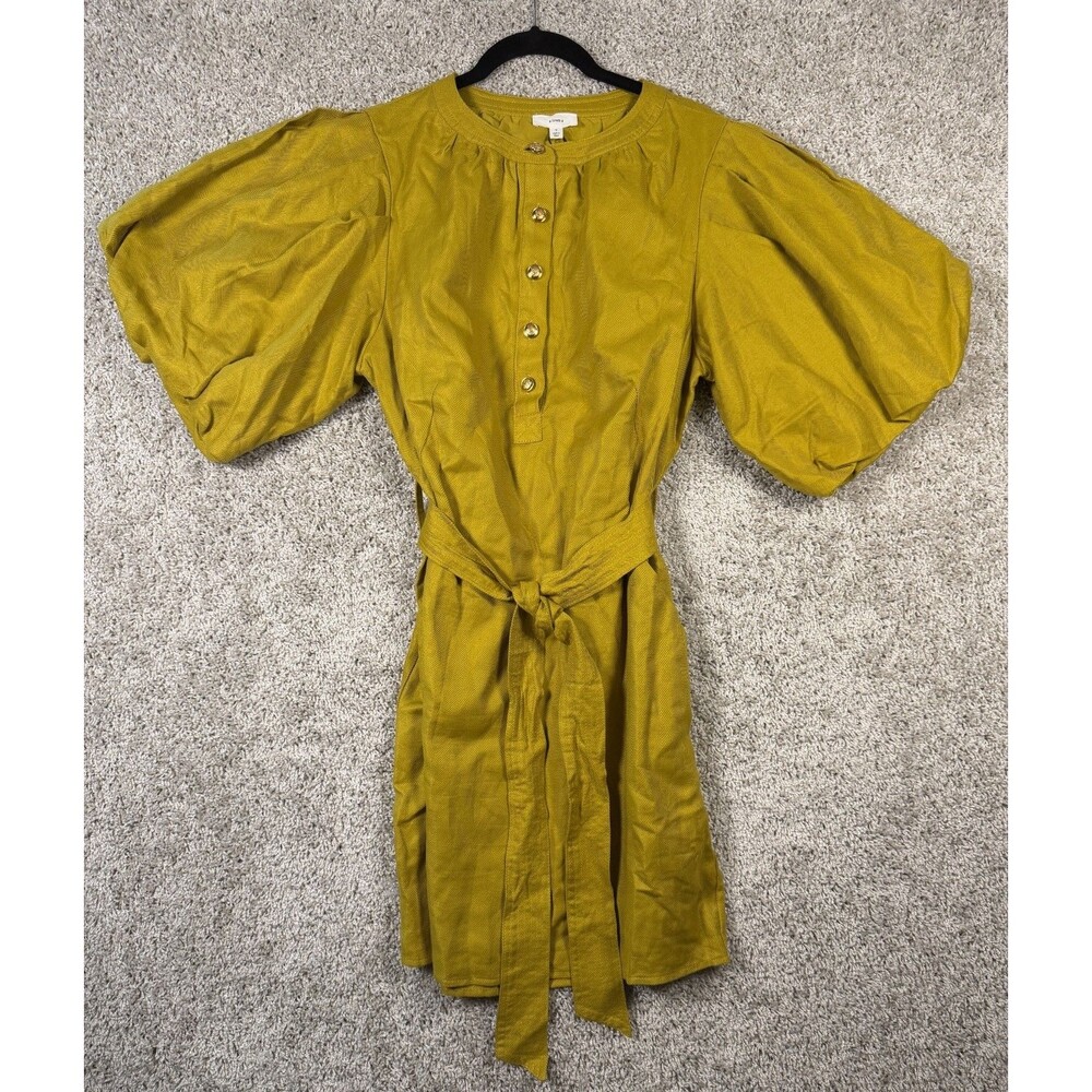 a loves a Womens Small Citron Linen Cotton Puff Sleeve Belted Mini Dress NWT New